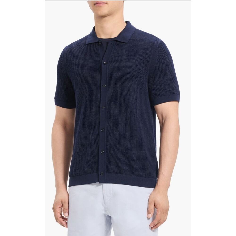 NWT Men’s Theory Myhlo Knit Button Down Short Sleeve Navy Shirt Xs